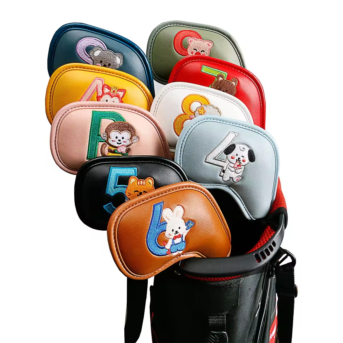 Golf Equipment And Accessories - 9個入りのかわいい漫画風動物ゴルフアイアンヘッドカバー、PUレザー刺繍クラブプロテクター、男性女性ゴルファーへのゴルフアクセサリーギフト